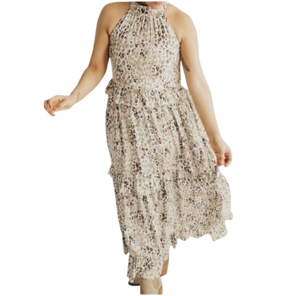 Carly Jean Los Angeles CJLA Elva Mock Neck Midi Dress Leopard M Boho Faire $88